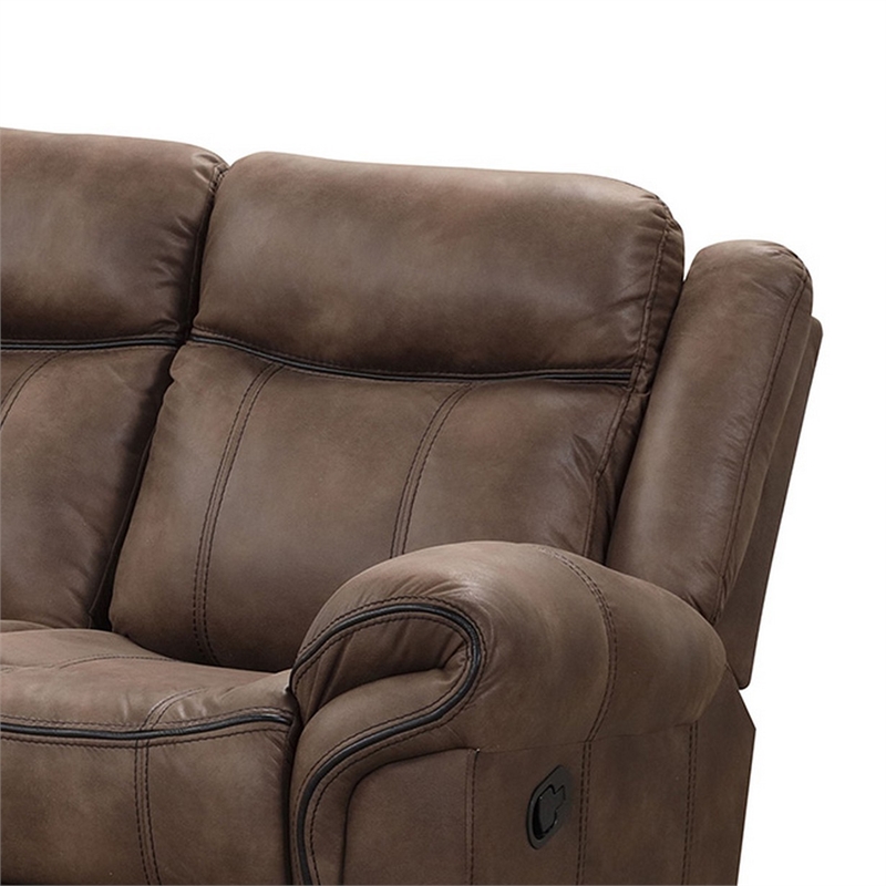 Benjara Arisa Sofa- Brown Faux Leather- Drop Down Table with Cupholders- 87 Inch