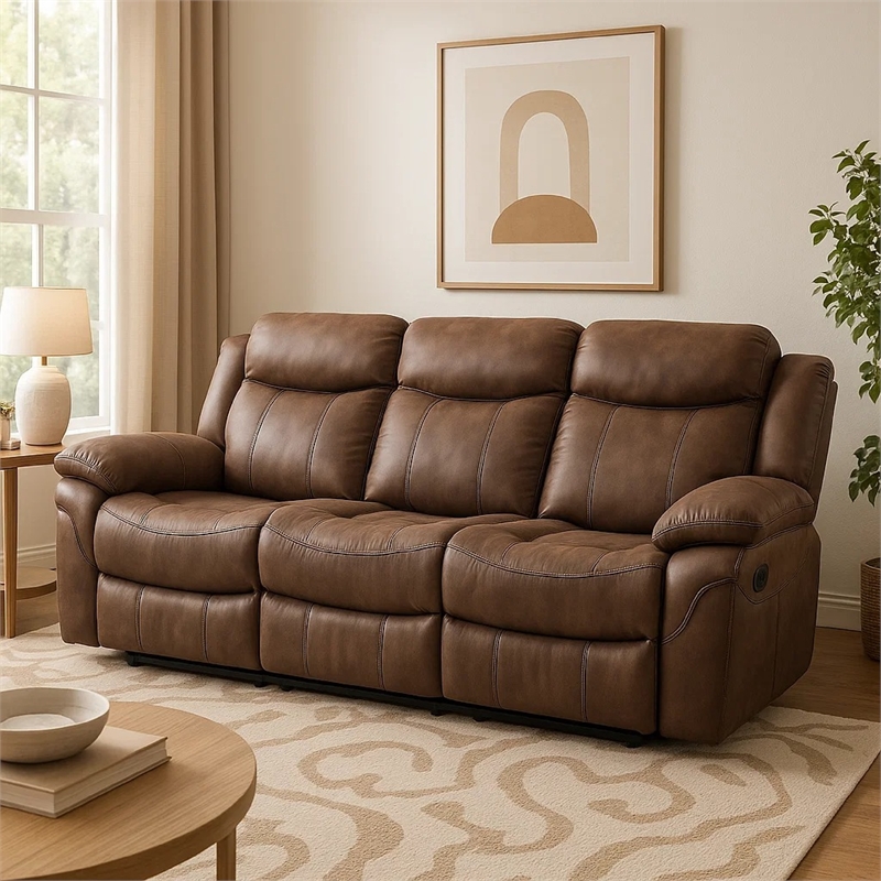 Benjara Arisa Sofa- Brown Faux Leather- Drop Down Table with Cupholders- 87 Inch