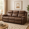 Benjara Arisa Sofa- Brown Faux Leather- Drop Down Table with Cupholders- 87 Inch