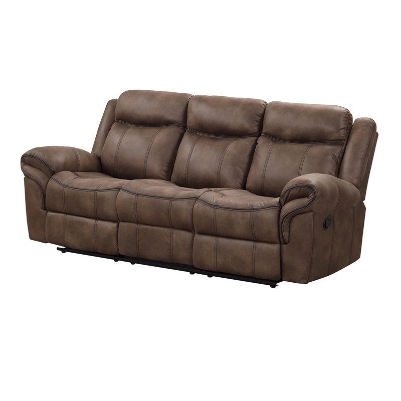 Benjara Arisa Sofa- Brown Faux Leather- Drop Down Table with Cupholders- 87 Inch