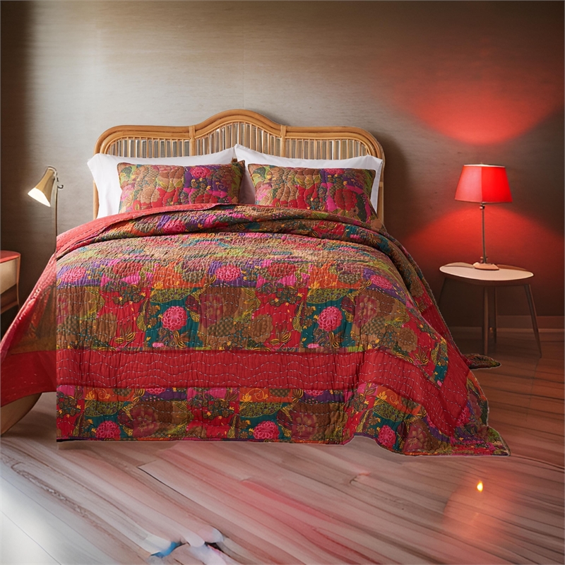 Benjara Lewi 3pc King Quilt Set- Kantha Style Dark Red Floral Cotton Microfiber