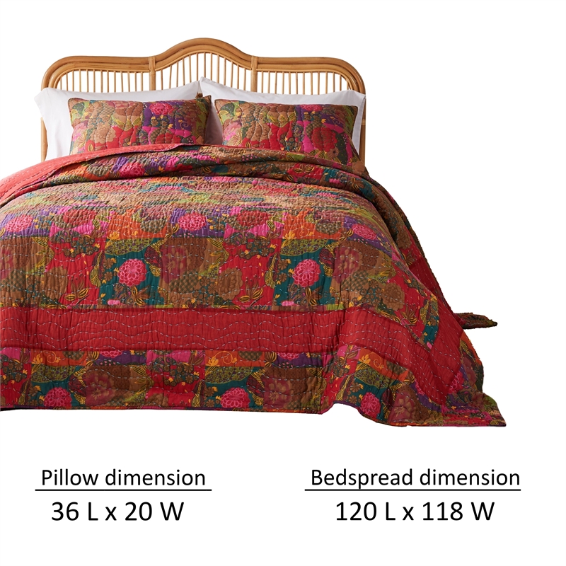 Benjara Lewi 3pc King Quilt Set- Kantha Style Dark Red Floral Cotton Microfiber