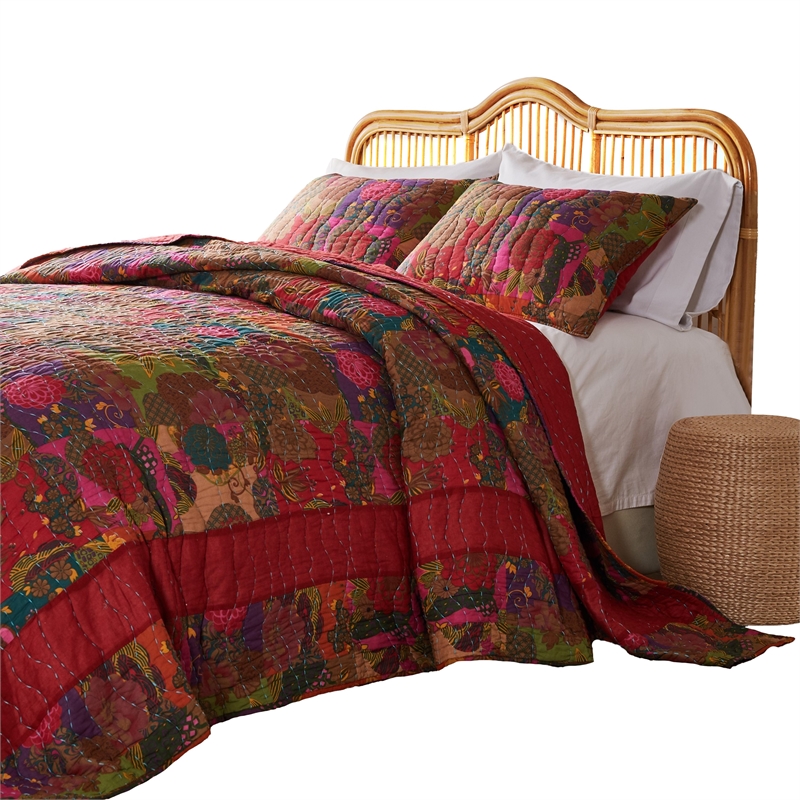 Benjara Lewi 3pc King Quilt Set- Kantha Style Dark Red Floral Cotton Microfiber