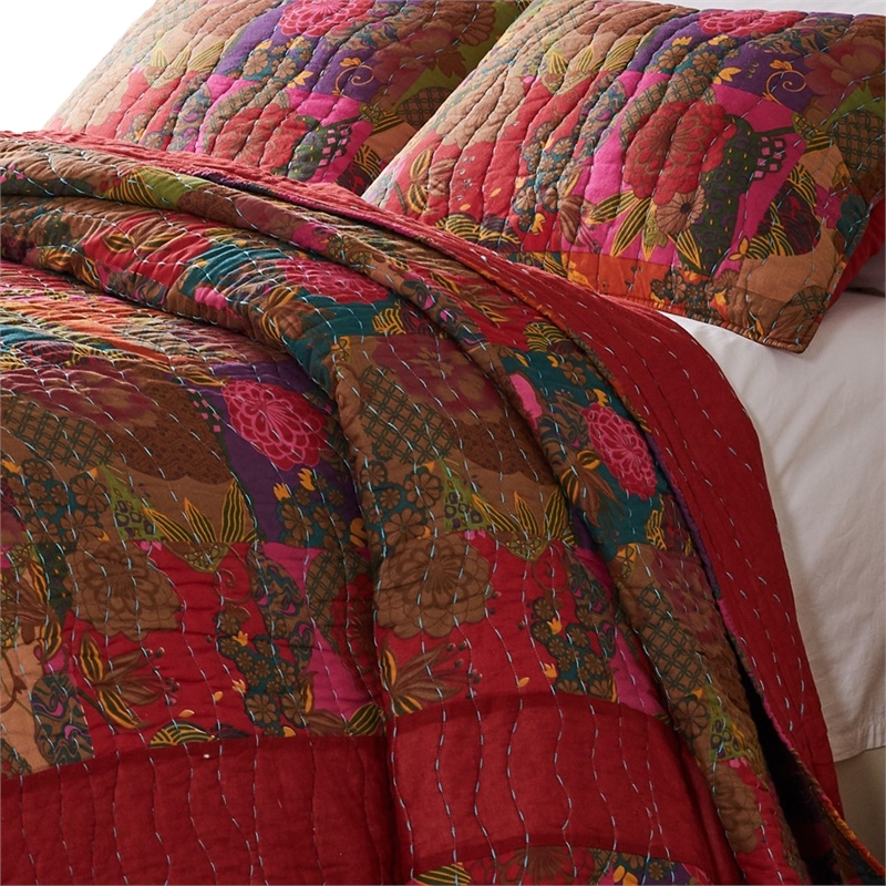 Benjara Lewi 3pc King Quilt Set- Kantha Style Dark Red Floral Cotton Microfiber