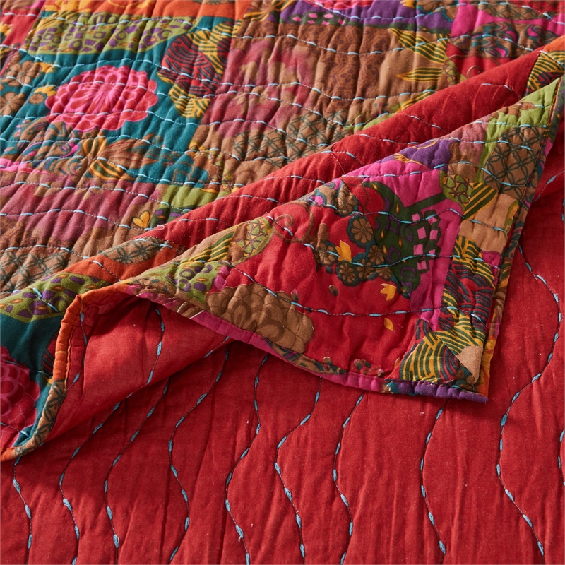 Benjara Lewi 3pc King Quilt Set- Kantha Style Dark Red Floral Cotton Microfiber