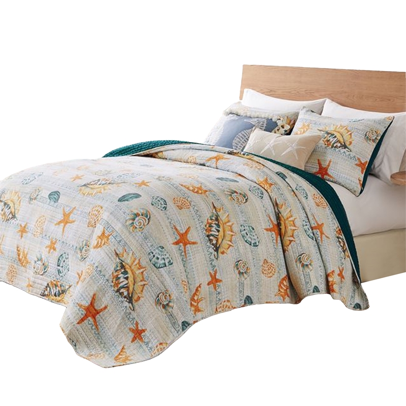 Benjara Carie 3pc King Quilt Set- Coastal Seashell Print- Blue Cotton Microfiber
