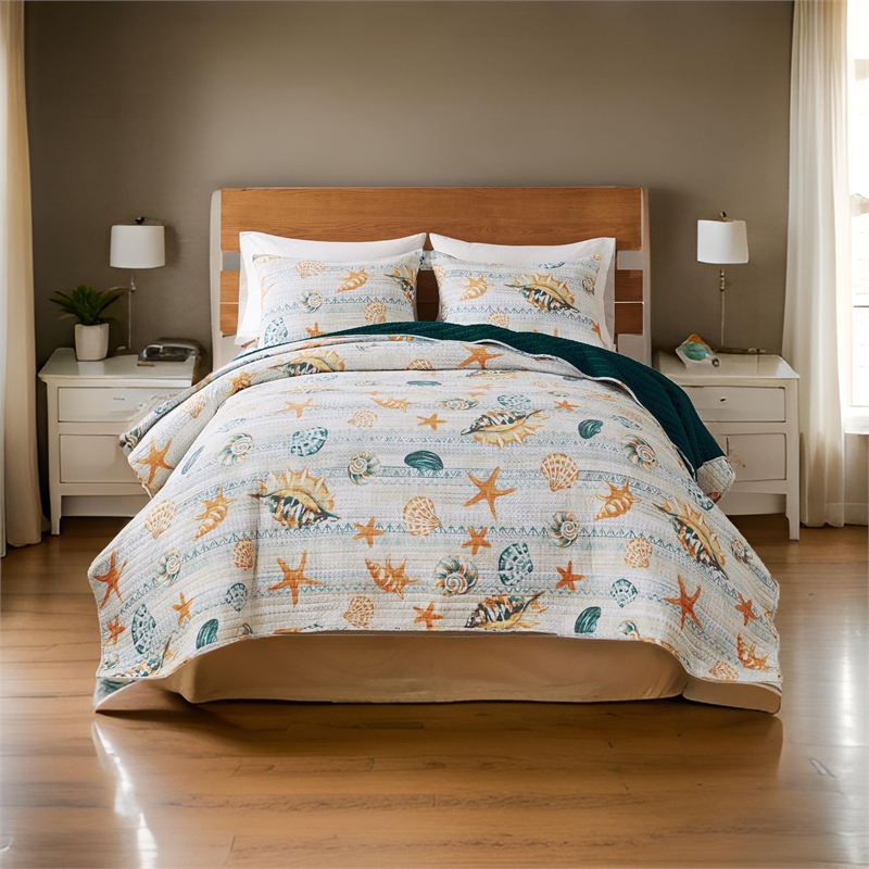 Benjara Carie 3pc King Quilt Set- Coastal Seashell Print- Blue Cotton Microfiber