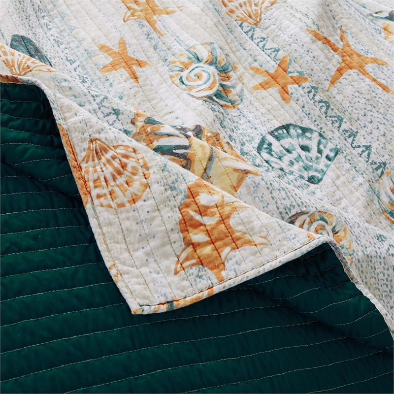 Benjara Carie 3pc King Quilt Set- Coastal Seashell Print- Blue Cotton Microfiber