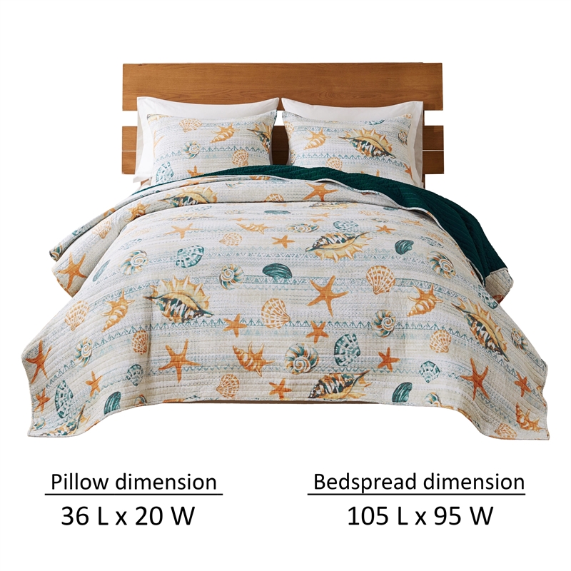 Benjara Carie 3pc King Quilt Set- Coastal Seashell Print- Blue Cotton Microfiber