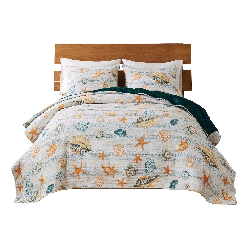 Benjara Carie 3pc King Quilt Set- Coastal Seashell Print- Blue Cotton Microfiber