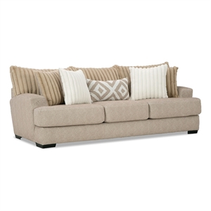 Benjara Laila Sofa- 5 Accent Pillows- 98&quot Solid Wood- Light Brown Chenille