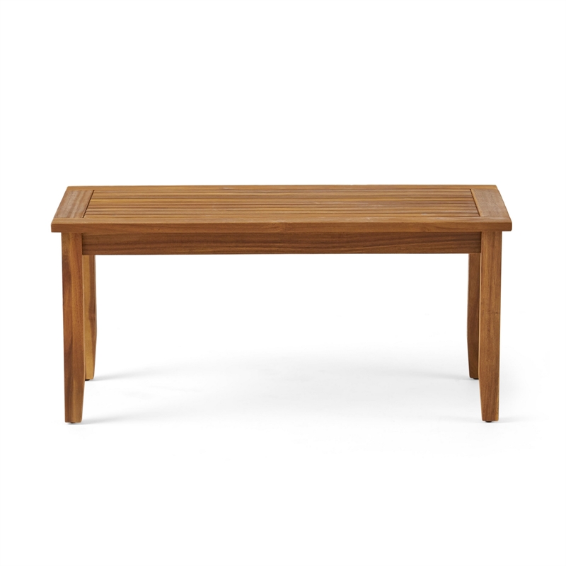 Benjara Outdoor Loveseat and Coffee Table Set- Blue Cushions- Brown Acacia Wood