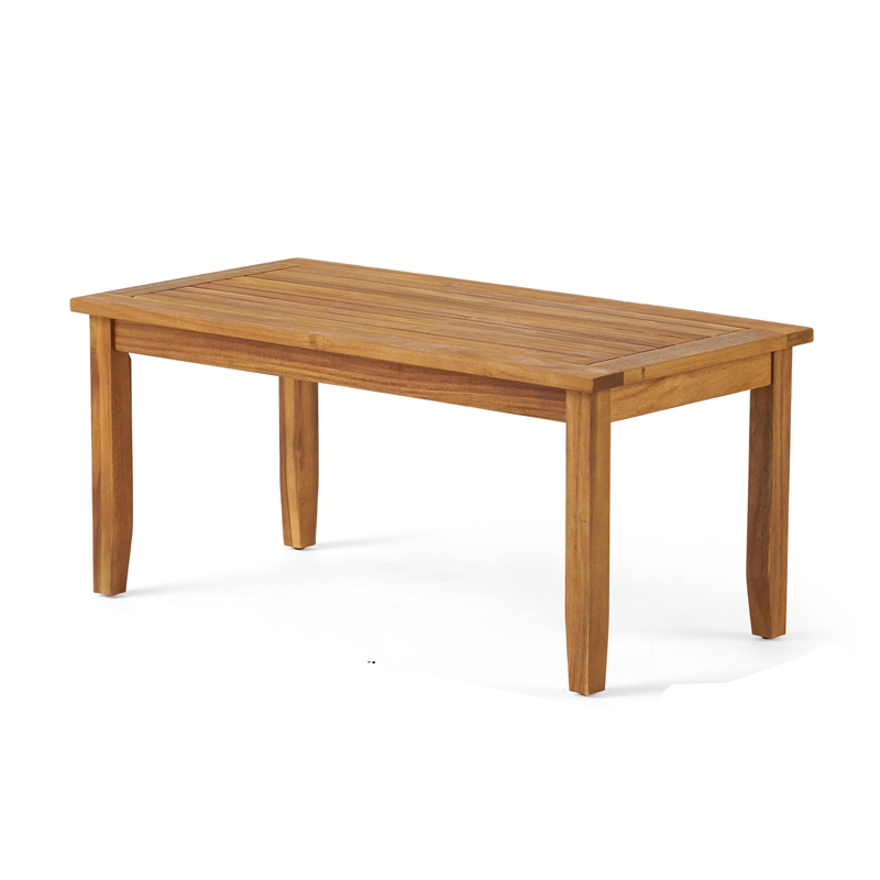 Benjara Outdoor Loveseat and Coffee Table Set- Blue Cushions- Brown Acacia Wood