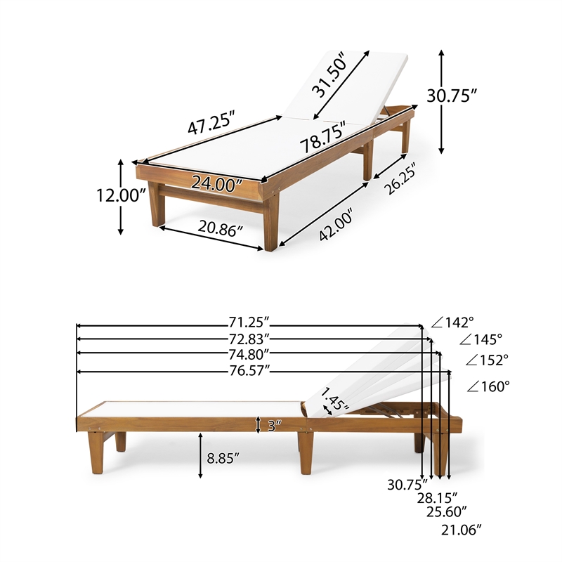 Benjara Liam Outdoor Chaise Lounger-Ergonomic White Mesh Seat-Brown Acacia Wood