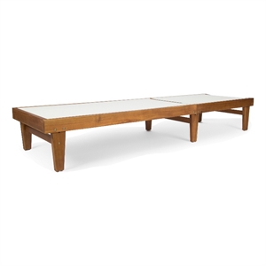 Benjara Liam Outdoor Chaise Lounger-Ergonomic White Mesh Seat-Brown Acacia Wood