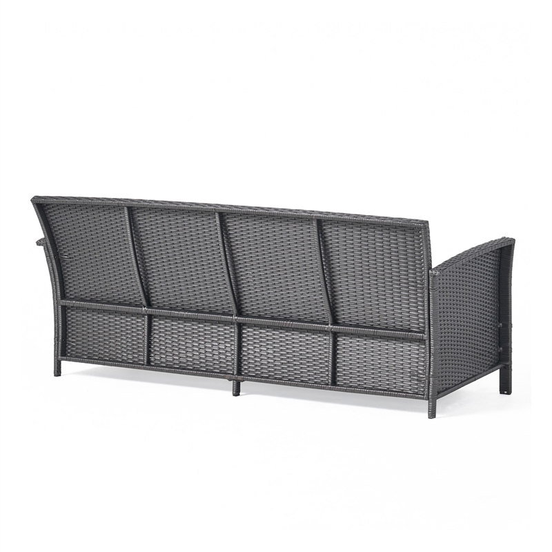Benjara Sony Sofa- 3 Seater Outdoor Rattan Wicker- Iron- Gray Fabric- 73 Inch