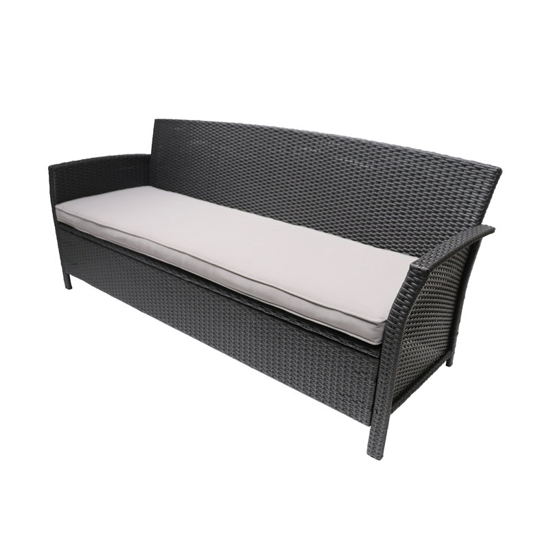Benjara Sony Sofa- 3 Seater Outdoor Rattan Wicker- Iron- Gray Fabric- 73 Inch