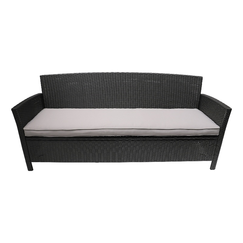 Benjara Sony Sofa- 3 Seater Outdoor Rattan Wicker- Iron- Gray Fabric- 73 Inch