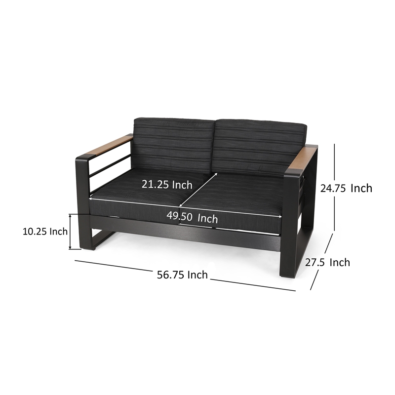 Benjara Vinia Loveseat- Outdoor Dark Gray Polyester- Wood Accents- Black- 57