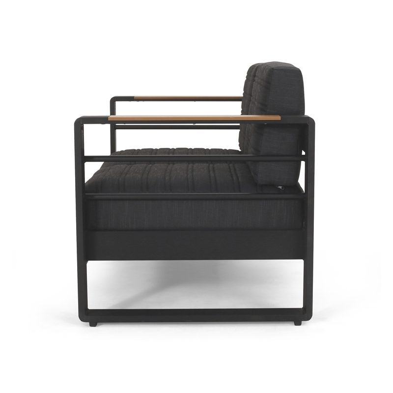 Benjara Vinia Loveseat- Outdoor Dark Gray Polyester- Wood Accents- Black- 57