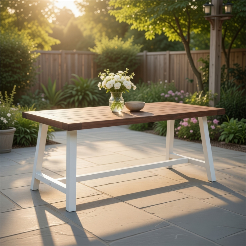 Benjara Nikay Outdoor Dining Table- Dark Brown Acacia Wood- White Iron- 71 Inch