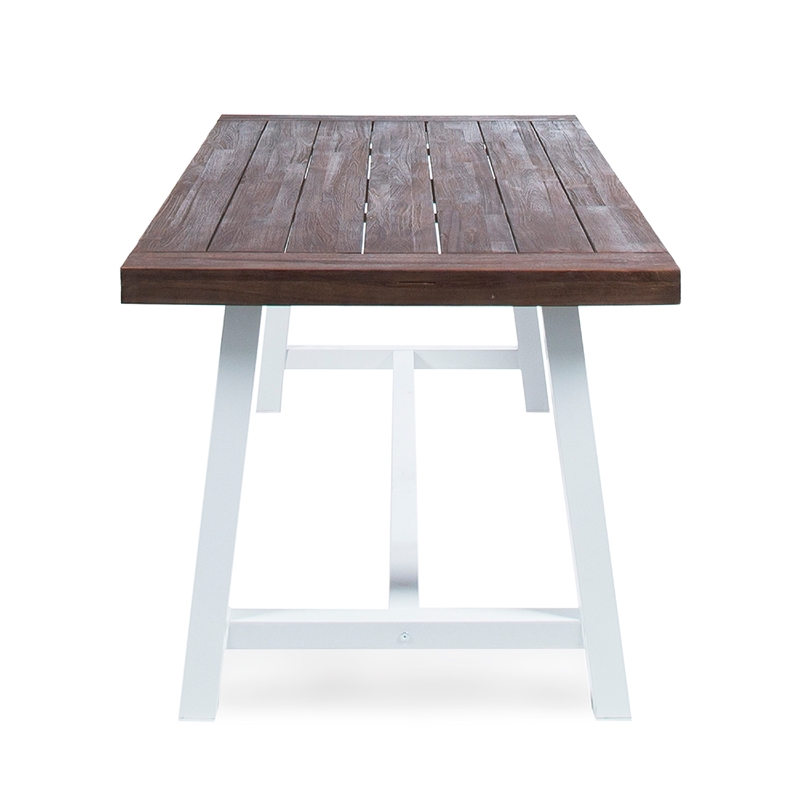 Benjara Nikay Outdoor Dining Table- Dark Brown Acacia Wood- White Iron- 71 Inch