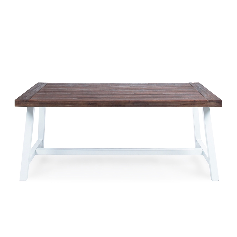 Benjara Nikay Outdoor Dining Table- Dark Brown Acacia Wood- White Iron- 71 Inch
