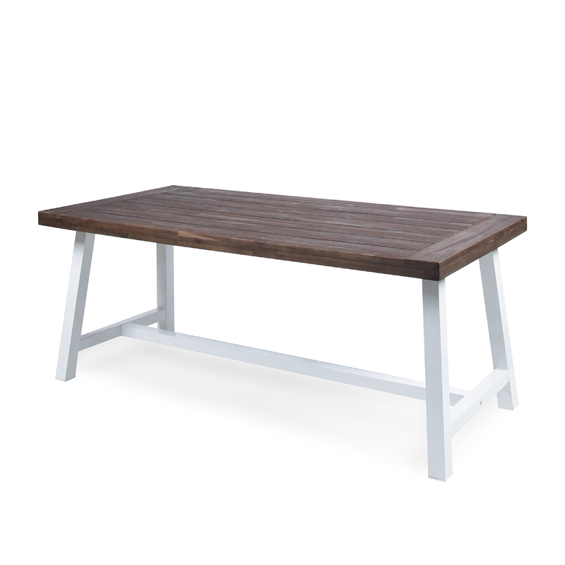 Benjara Nikay Outdoor Dining Table- Dark Brown Acacia Wood- White Iron- 71 Inch