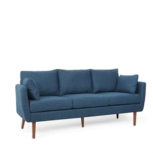 Benjara Nate Sofa with 2 Accent Pillows- 77&quot Birch Wood- Navy Blue Fabric