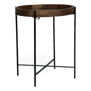 Benjara Peo Modern Side End Table- 22&quot Round Wood Tray- Black Metal Base