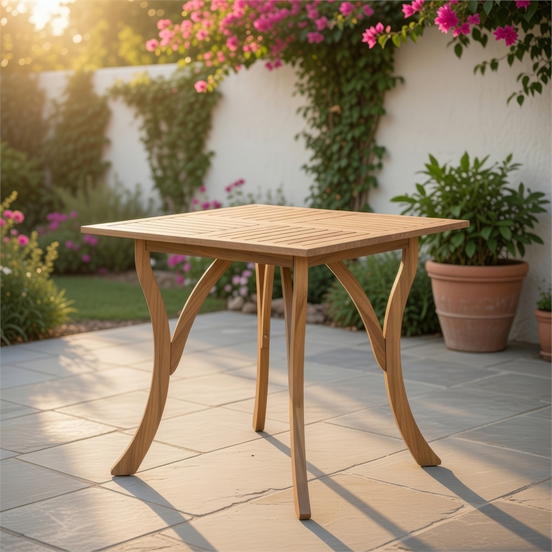 Benjara Olen Outdoor Dining Table- Slatted Square 32 Inch- Brown Acacia Wood