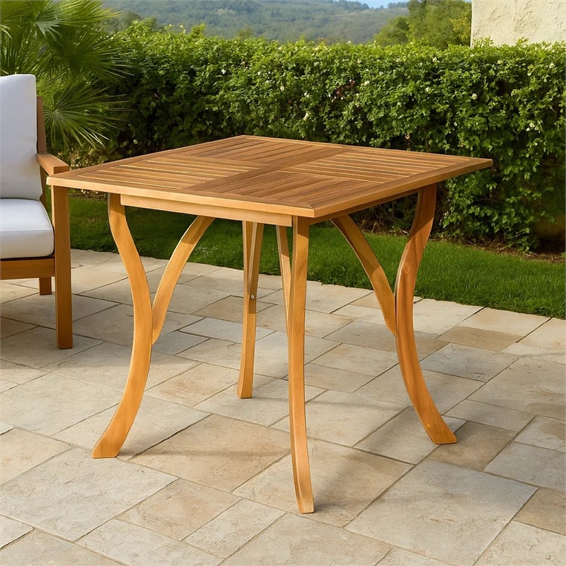 Benjara Olen Outdoor Dining Table- Slatted Square 32 Inch- Brown Acacia Wood