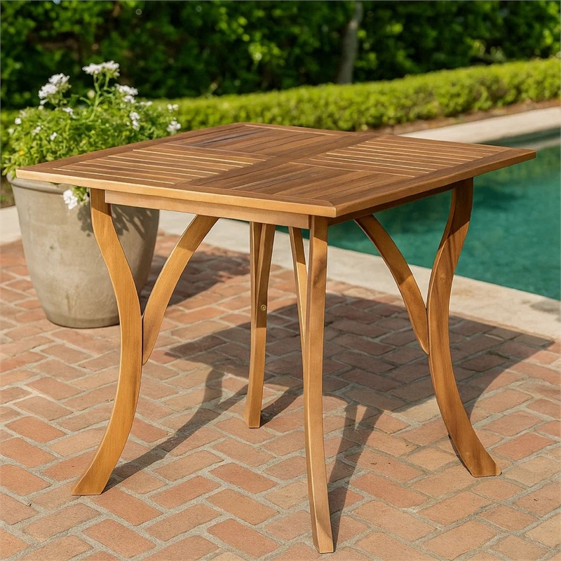 Benjara Olen Outdoor Dining Table- Slatted Square 32 Inch- Brown Acacia Wood