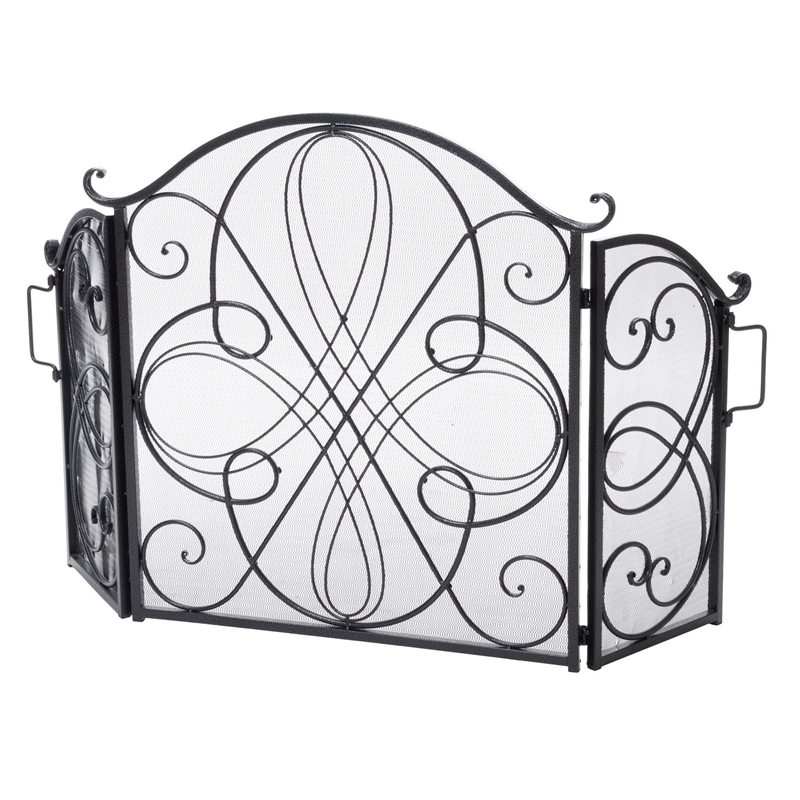 Benjara Fireplace Screen 57 Inch- 3 Panel Scrolled Mesh- Black Silver Iron