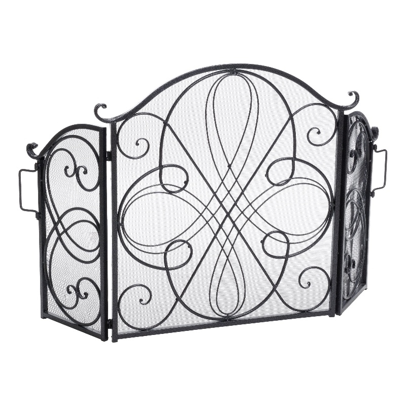 Benjara Fireplace Screen 57 Inch- 3 Panel Scrolled Mesh- Black Silver Iron
