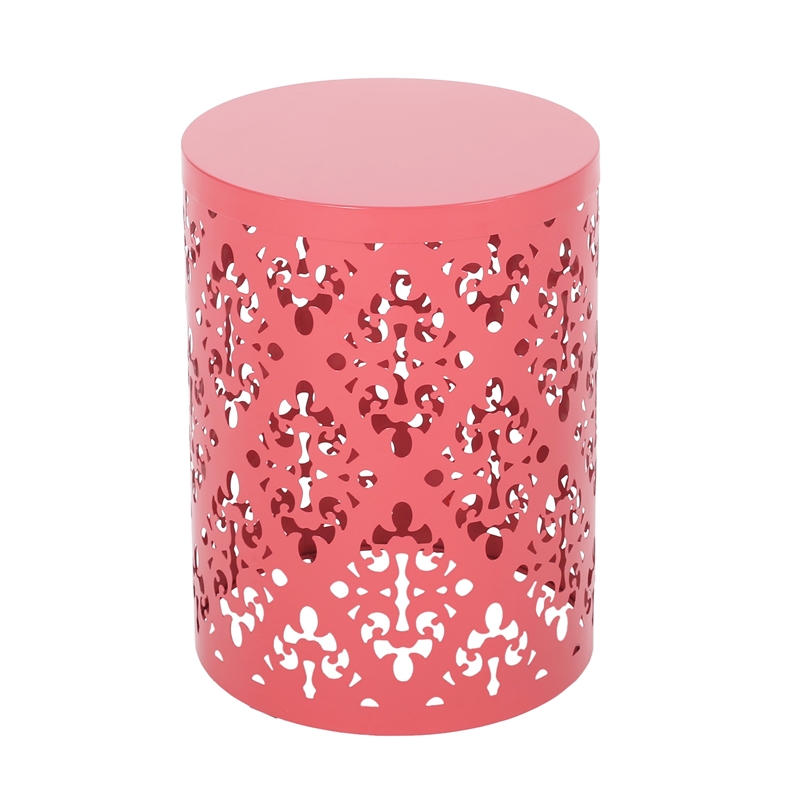 Benjara Kemo Outdoor End Table- Round 14 Inch- Cutout Design- Dark Peach Iron