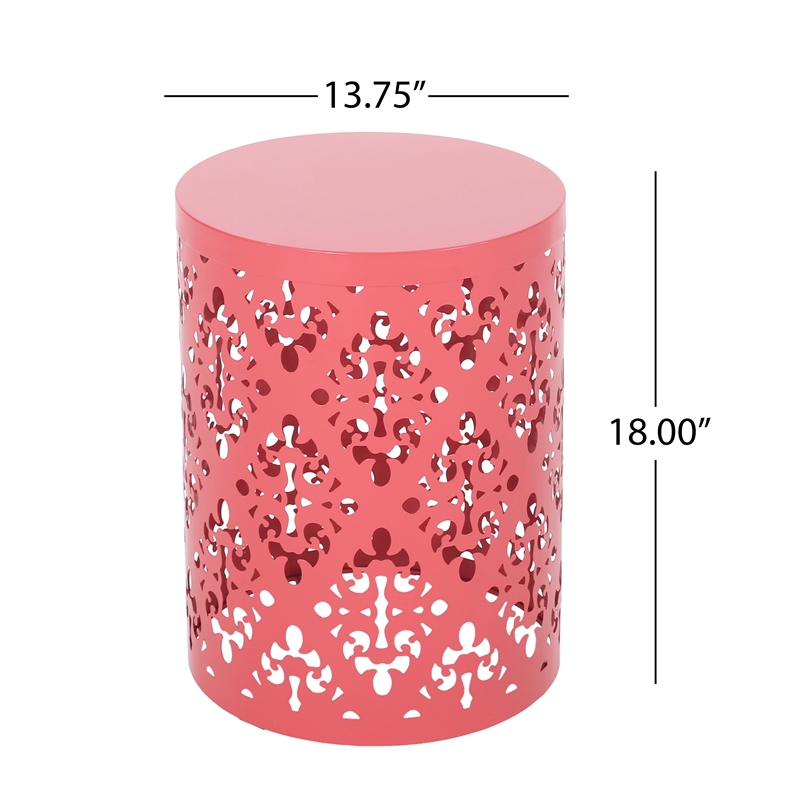Benjara Kemo Outdoor End Table- Round 14 Inch- Cutout Design- Dark Peach Iron