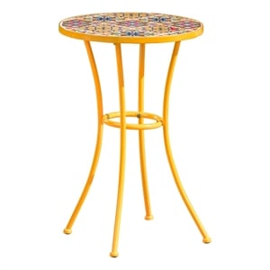 Benjara Outdoor Side End Table- 14&quot Round Yellow Ceramic Tile- Orange Iron