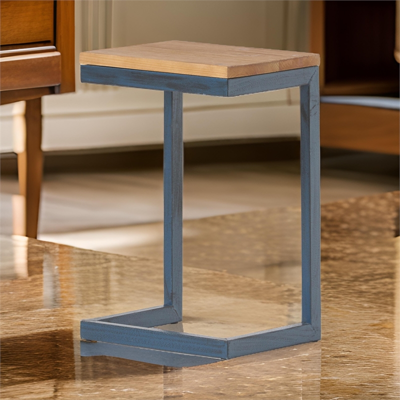 Benjara Small Accent End Table- 13 Inch- C Shaped Iron Legs- Black- Brown Wood