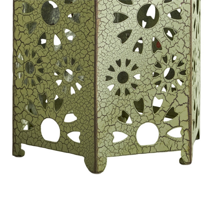 Benjara Liana Outdoor Side Table- Hexagonal 14 Inch- Sunburst Cut Out- Green