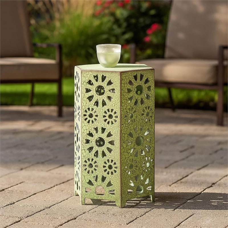 Benjara Liana Outdoor Side Table- Hexagonal 14 Inch- Sunburst Cut Out- Green