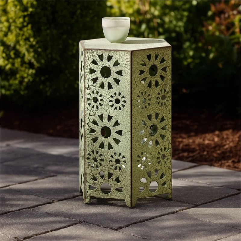 Benjara Liana Outdoor Side Table- Hexagonal 14 Inch- Sunburst Cut Out- Green