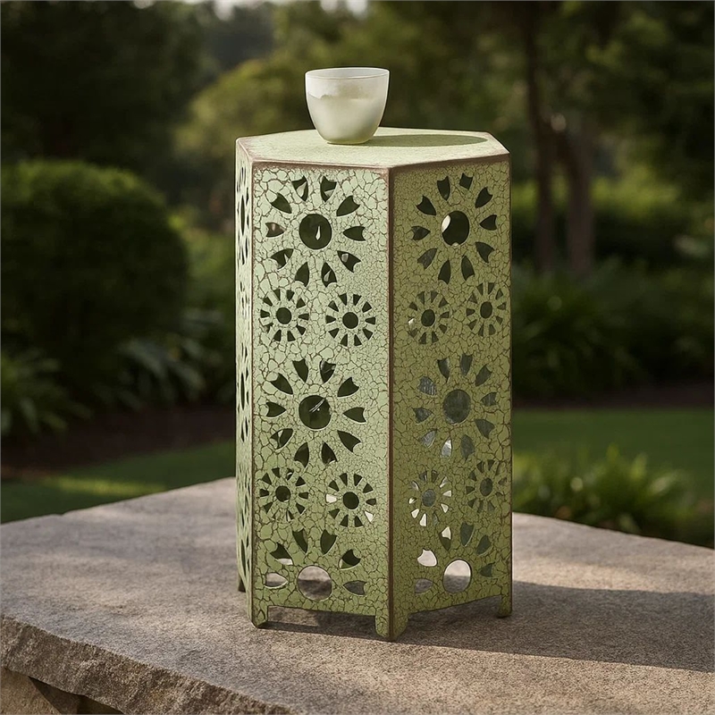 Benjara Liana Outdoor Side Table- Hexagonal 14 Inch- Sunburst Cut Out- Green