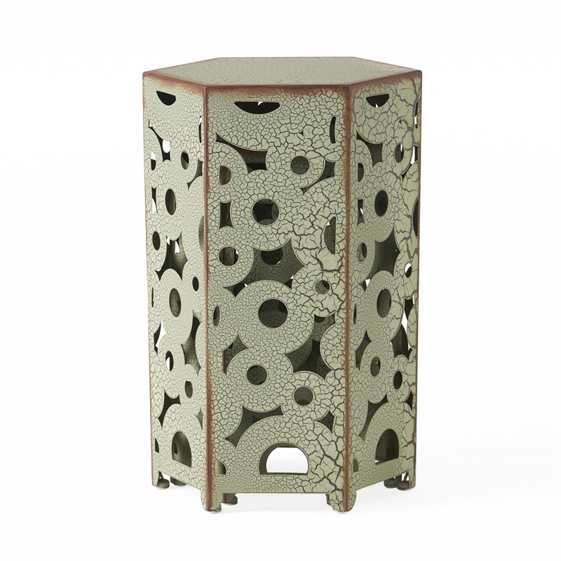 Benjara Silva Accent Table Set of 2- Hexagonal Top- Cut Pattern- Green Iron
