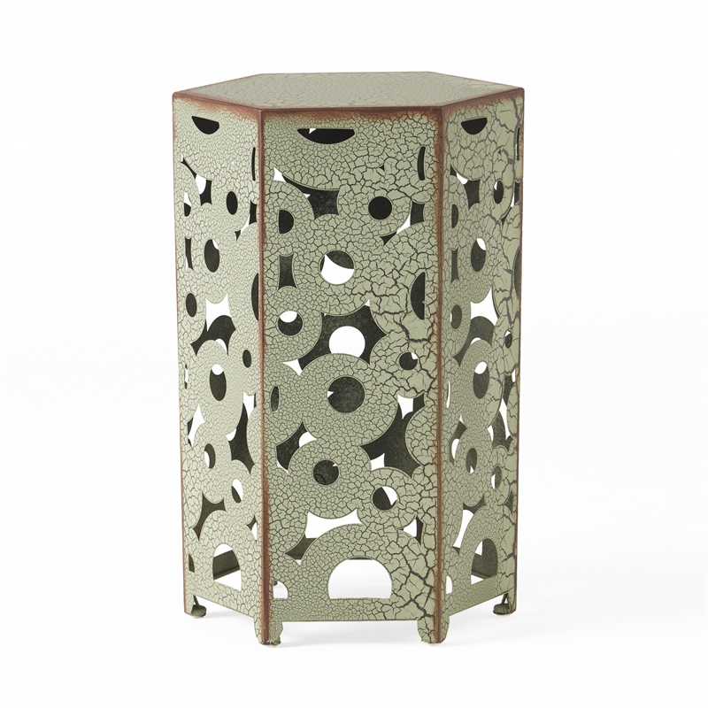 Benjara Silva Accent Table Set of 2- Hexagonal Top- Cut Pattern- Green Iron