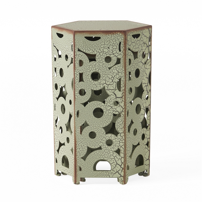 Benjara Silva Accent Table Set of 2- Hexagonal Top- Cut Pattern- Green Iron