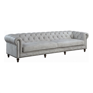 Benjara Ferry 122&quot Chesterfield Sofa- Off White Tufted Top Grain Leather