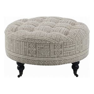 Benjara Savoir Ottoman- Beige- White Fabric- Caster Wheels- Black Legs 32 Inch