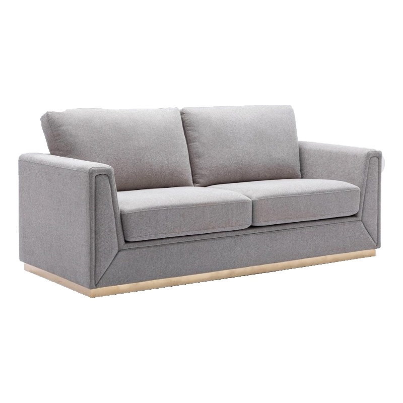 Benjara Sylvie Sofa- Gray Linen- Gold Metal- Modern Square Cushions 77 Inch