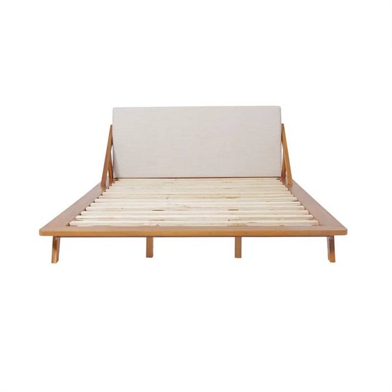 Benjara Queen Size Bed- Beige Upholstered Headboard- Natural Brown Acacia Wood